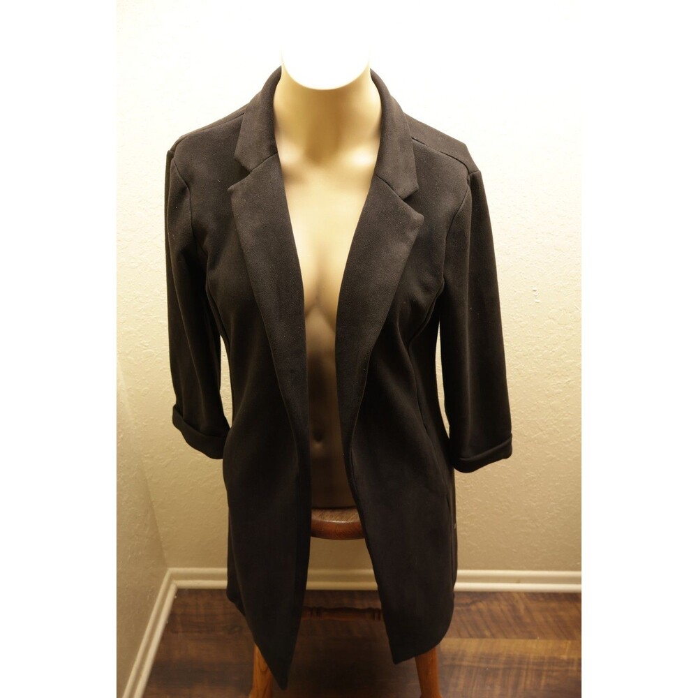 Windsor Womens Black Open Front Longline Duster Blazer Jacket Cuffed Sleeve S